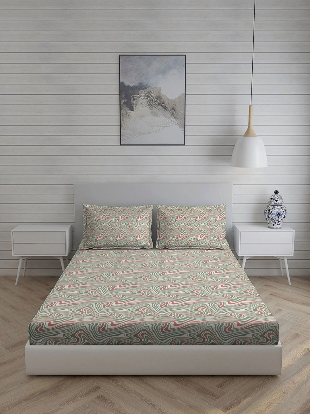Living scapes by Pantaloons Green Abstract Polycotton 144 TC Double Bedsheet with 2 Pillow Covers-88 x 60 inches
