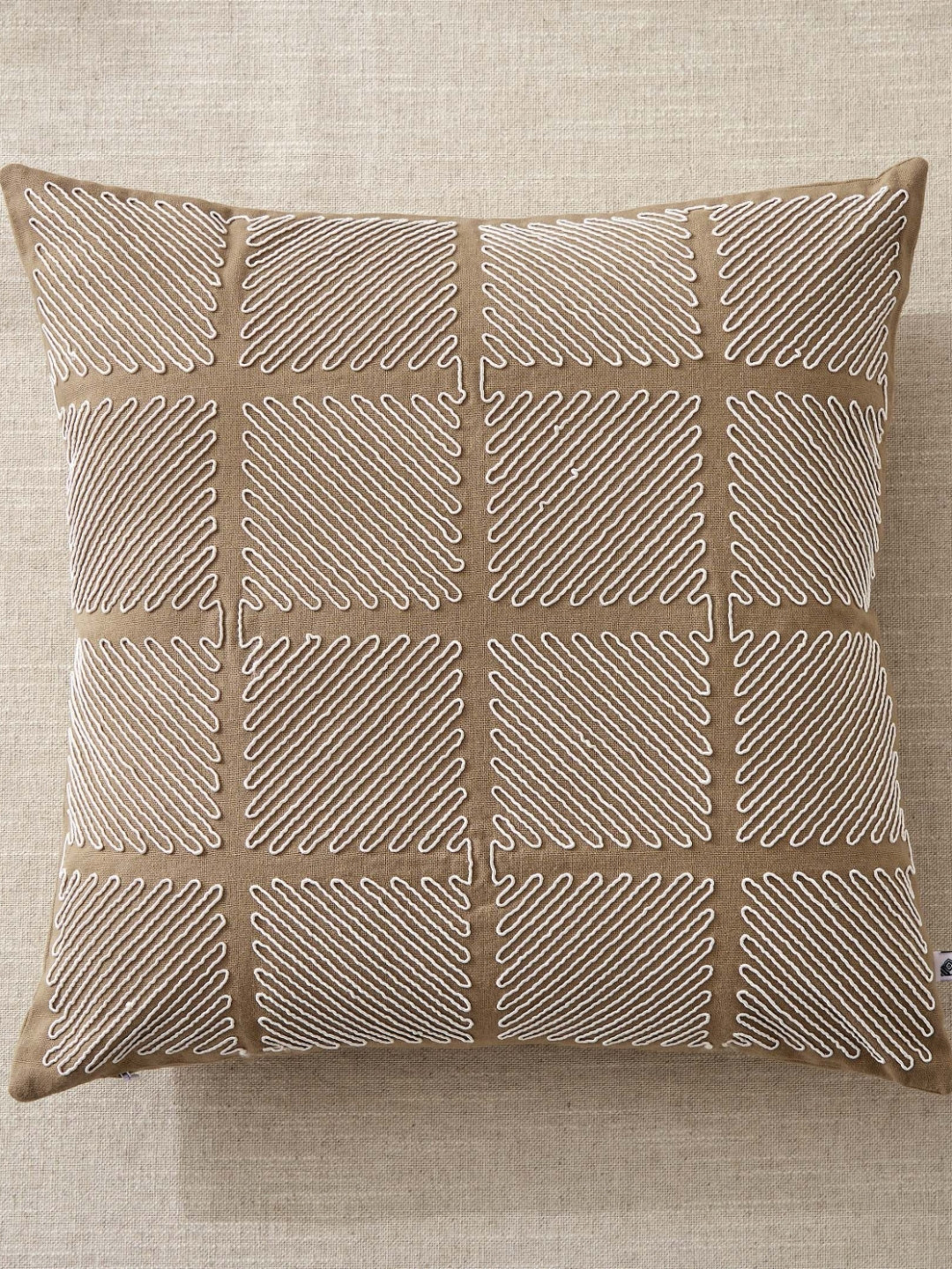 Home Centre Whales Cord Beige & White Geometric Embroidered Cotton Square Cushion Cover