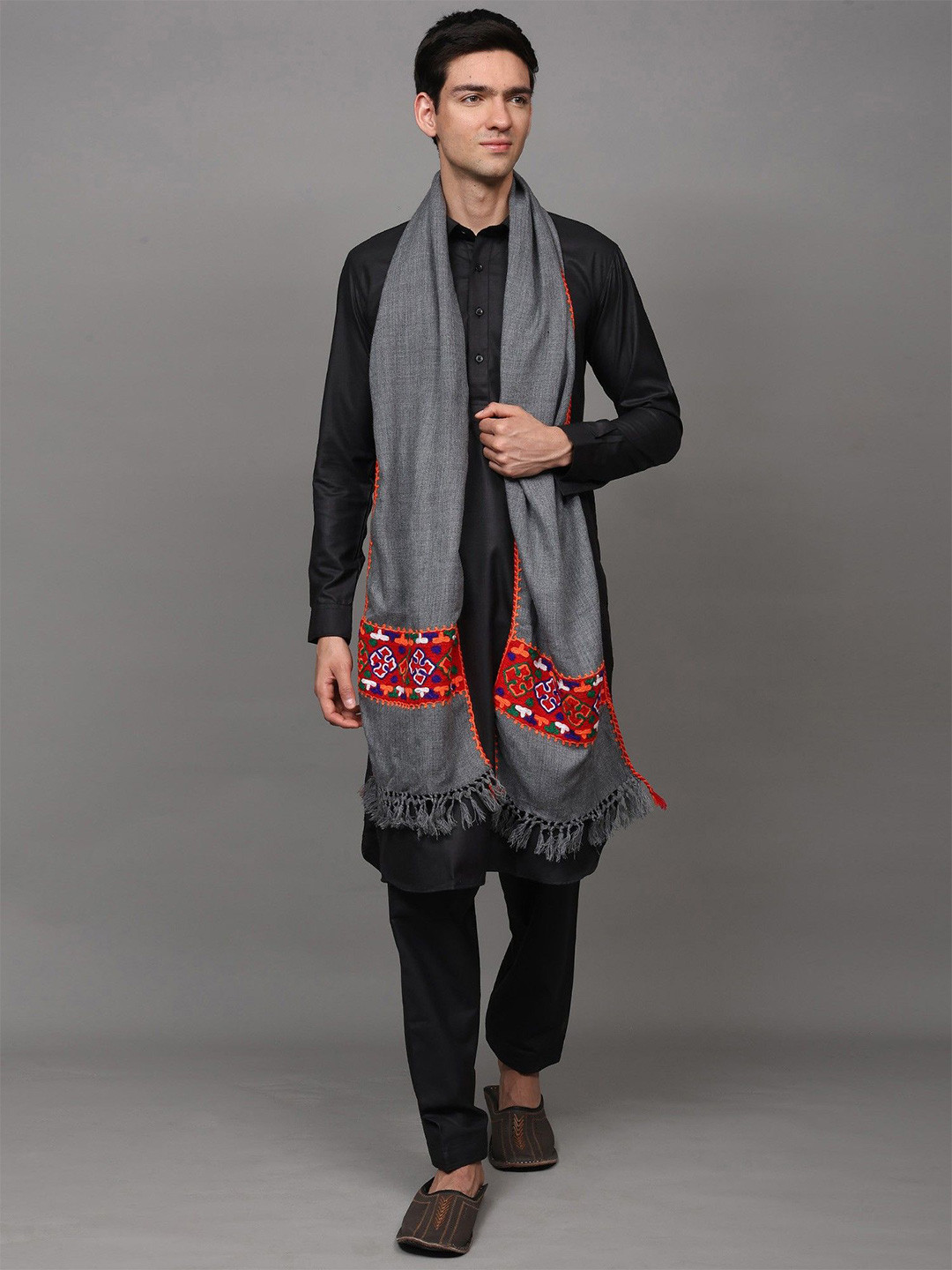 Exotic India Unisex Kinnauri Embroidered Border Wool Kullu Scarf