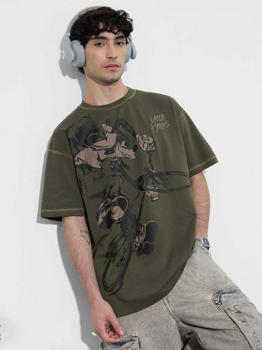 The Souled Store Men Disney Later Haters Printed Drop-Shoulder Sleeves Oversized T-shirt