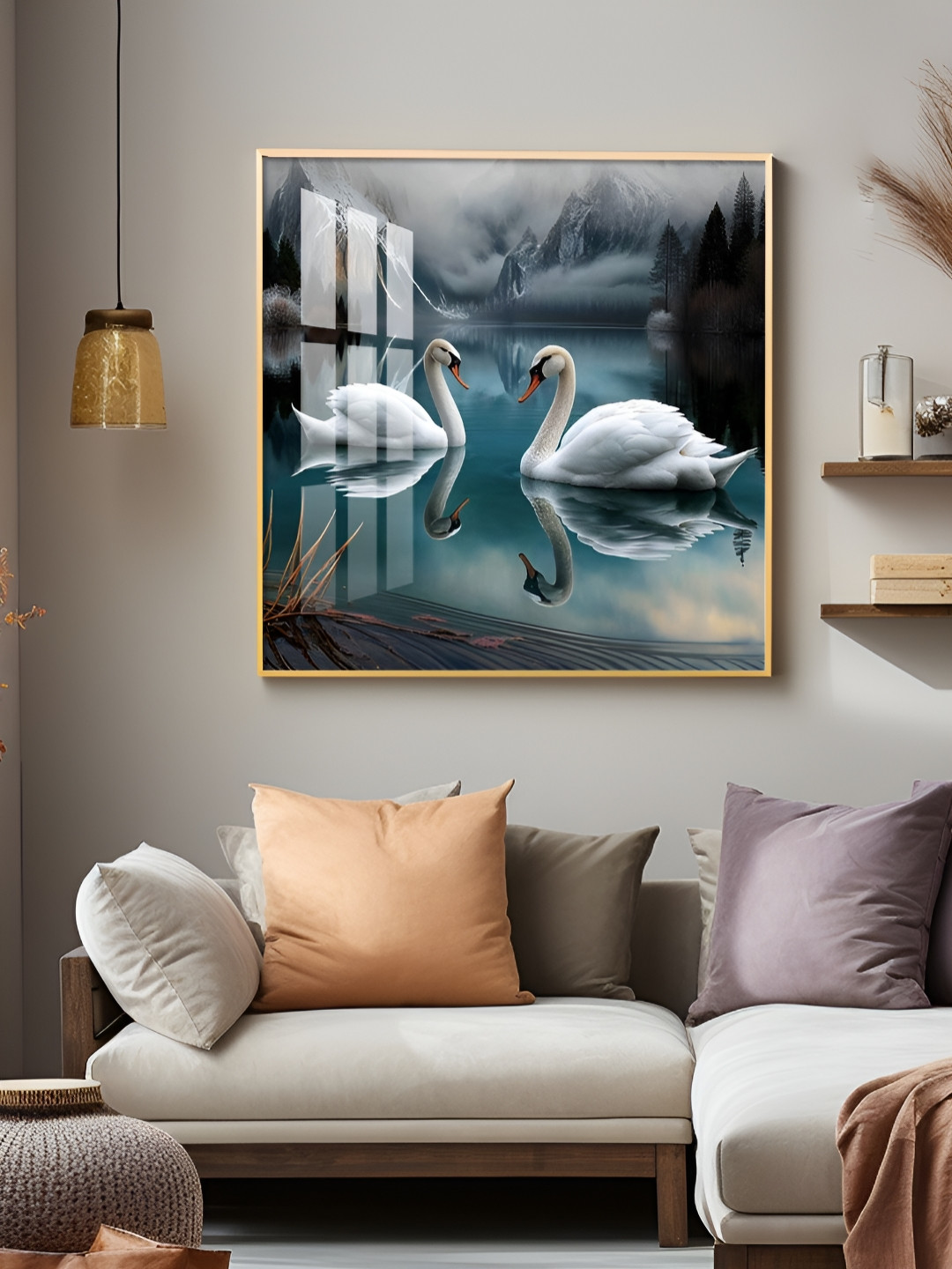 THE NEXT DECOR Graceful Swans in Water Plastic Natural Elements Glossy Wall Hangings-18In
