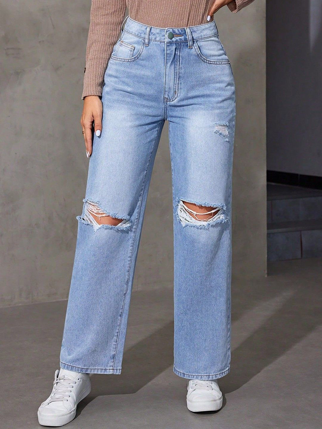 POMPOUS Women Wide Leg High-Rise Slash Knee Light Fade Ripped Regular Jeans