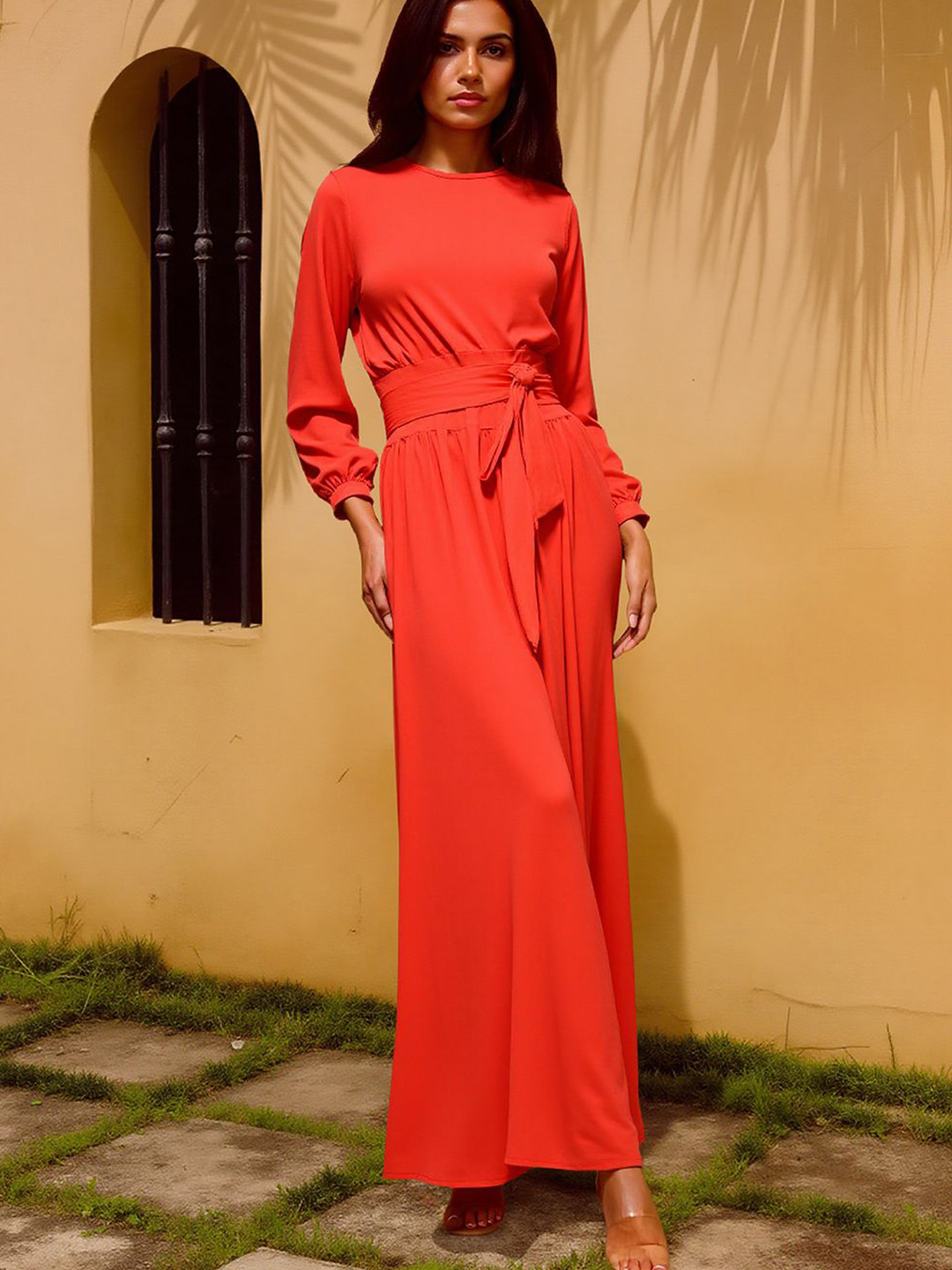 bebe Red Long Sleeves Tie Waist Maxi Dress