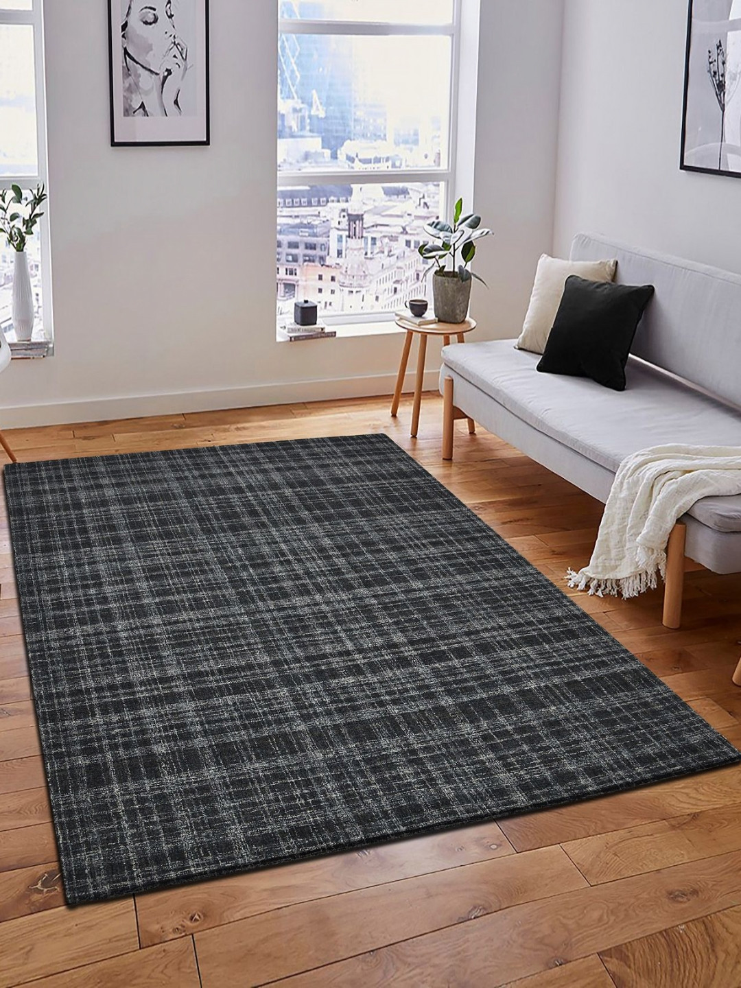 saraswatii global Laurel Plaid Charcoal & Grey Checked Tufted Woollen Carpet