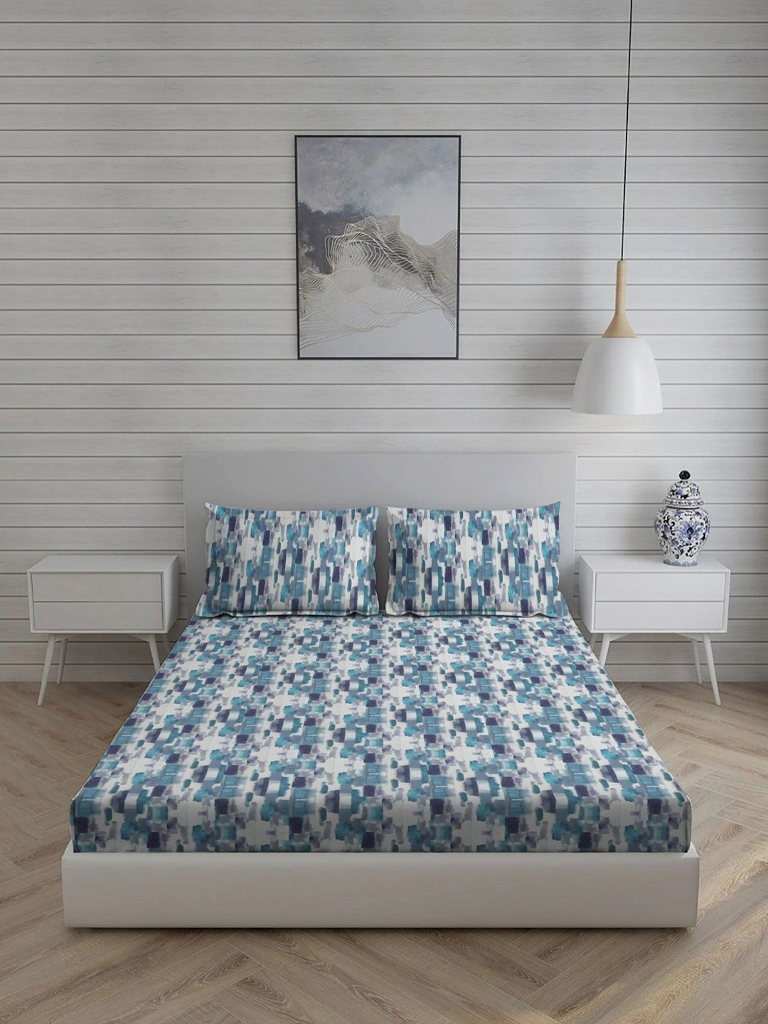 Living scapes by Pantaloons Blue Abstract Cotton 210 TC Queen Fine Bedsheet with 2 Pillow Covers-108 x 88 inches