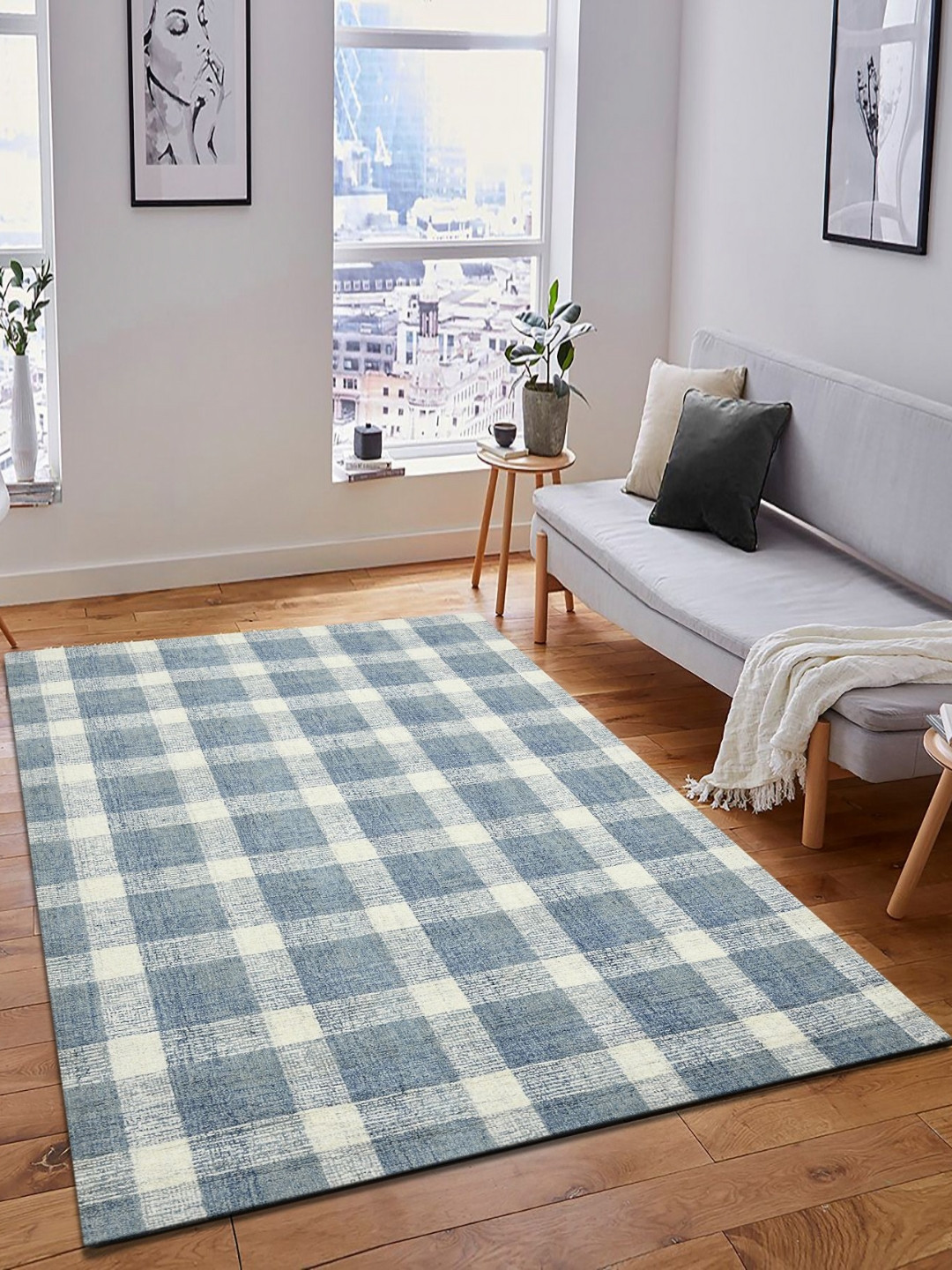 saraswatii global Tartan Plaid Blue & White Checked Tufted Woollen Carpet