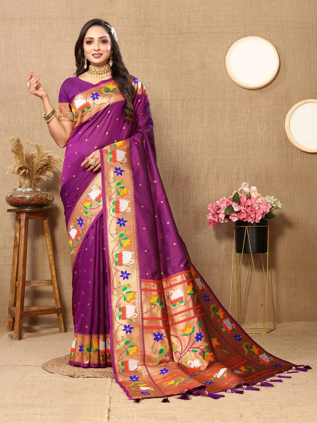 Mitera Woven Design Zari Silk Blend Paithani Saree