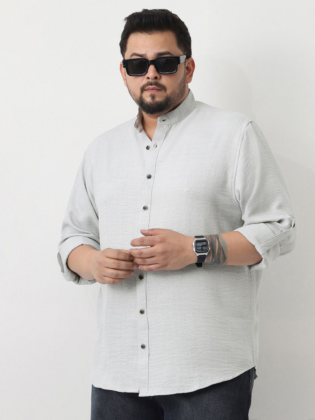 Urbano Plus Men Linen Full Sleeve Relaxed Fit Mandarin Collar Casual Solid Shirt