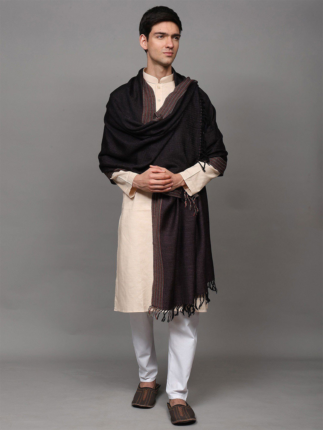 Exotic India Reversible Kullu Stole with Chevron Weave and Multi Stripe Border