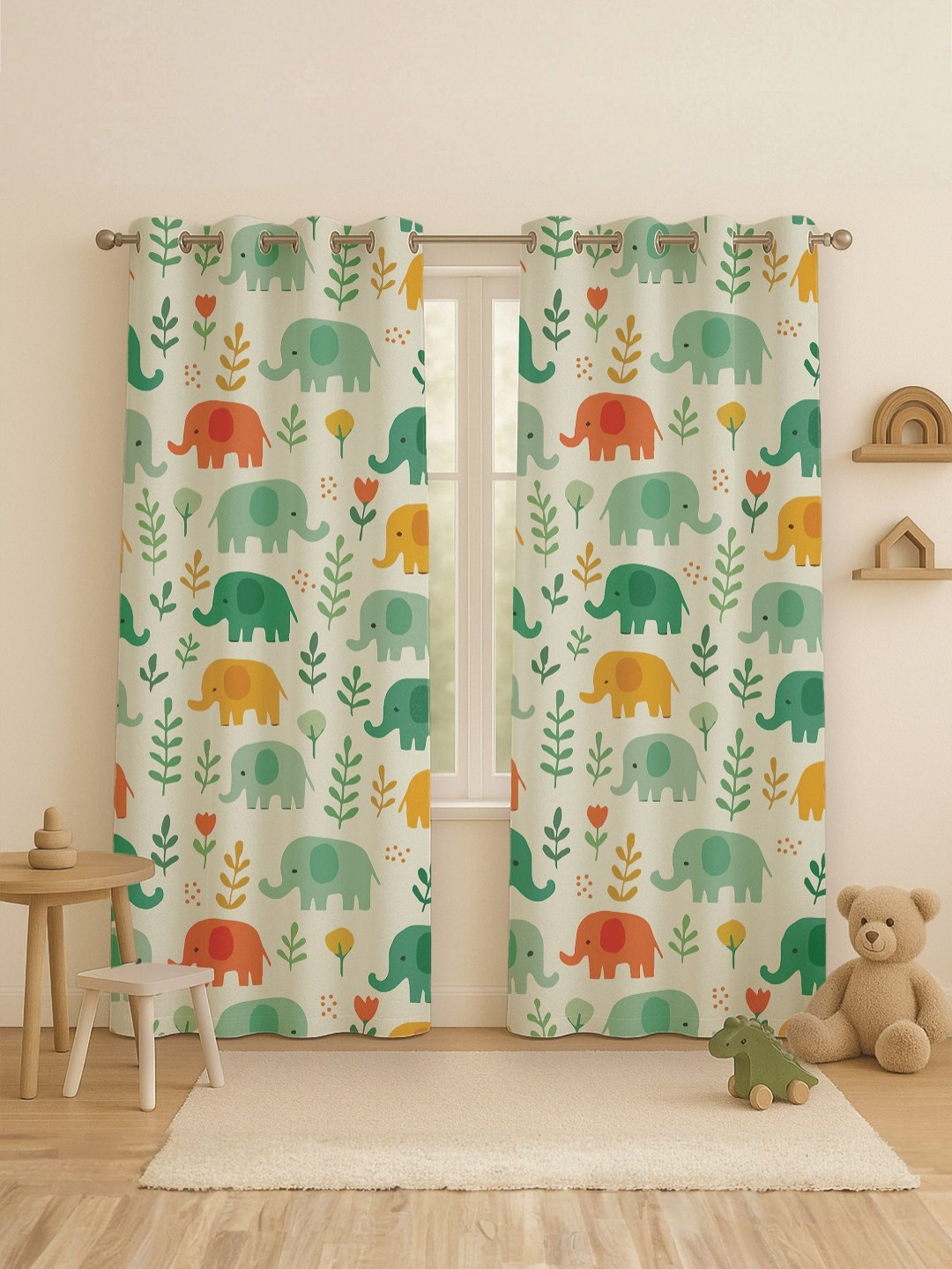STITCHNEST Set of 2 White & Green Animal Print 5 feet Curtain