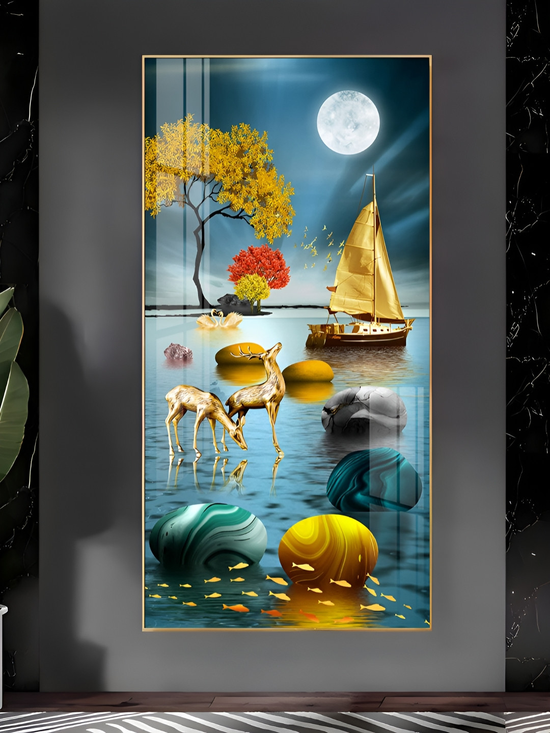 THE NEXT DECOR Boat and Deer Plastic Natural Elements Glossy Hall Wall Hangings-24In