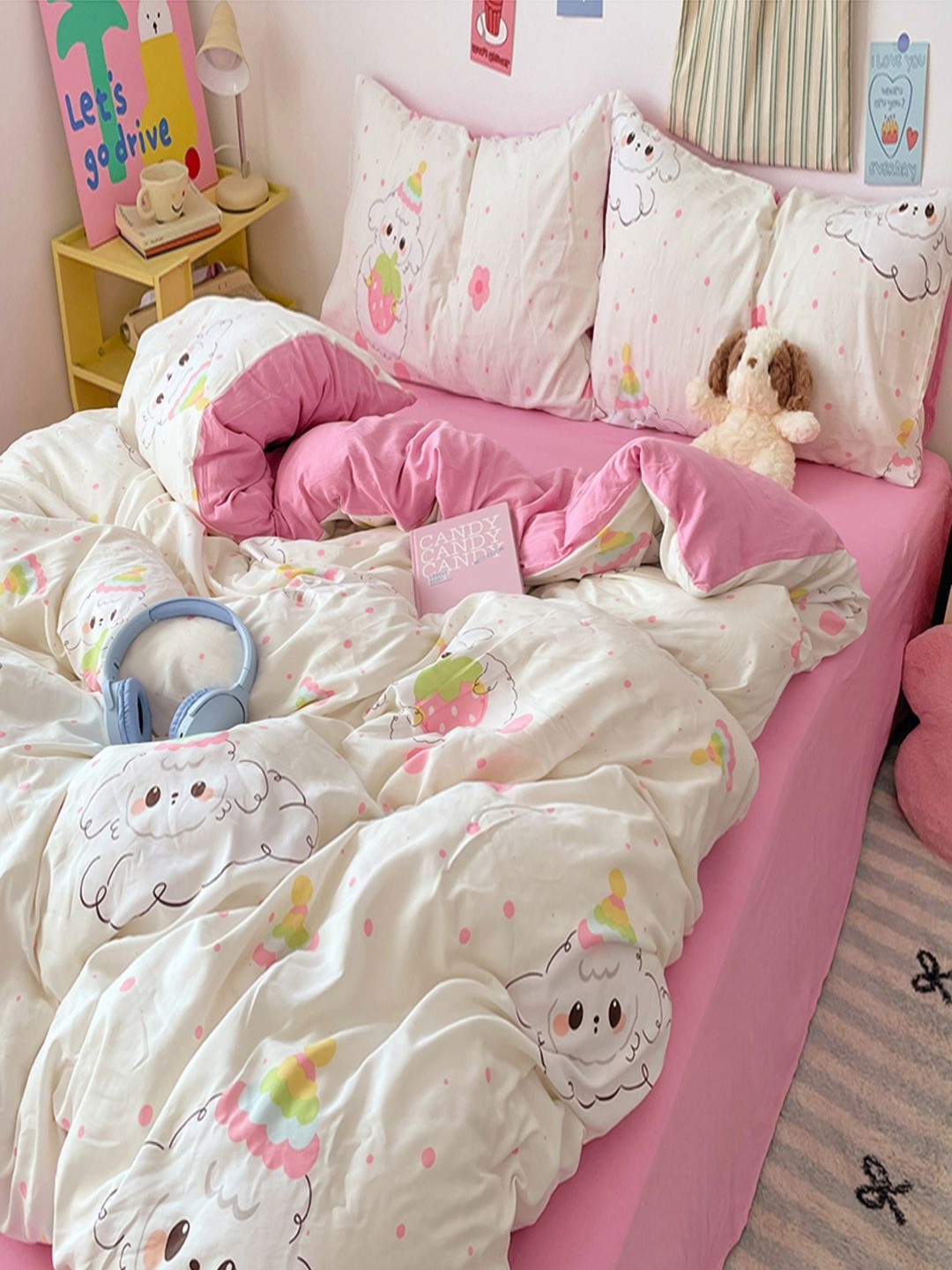 JC HOME Pink & White 4 Pieces Cartoon Characters Single Bedding Set