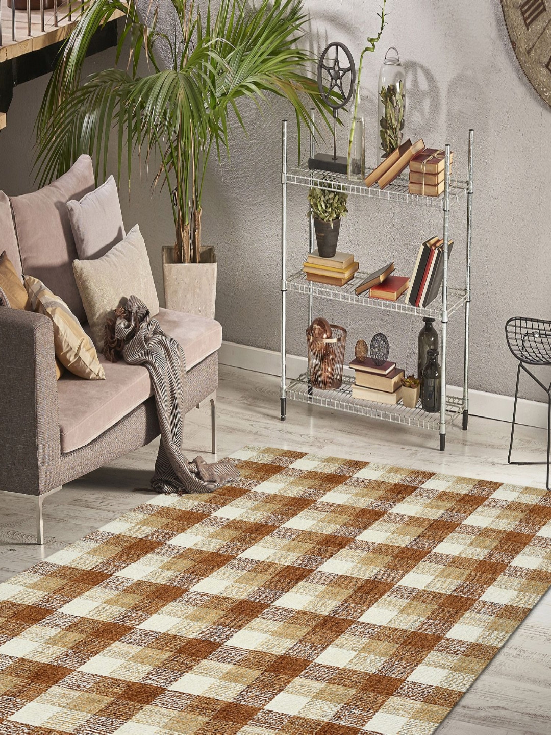 saraswatii global Tartan Plaid Orange Colored & Brown Checked Tufted Woollen Carpet