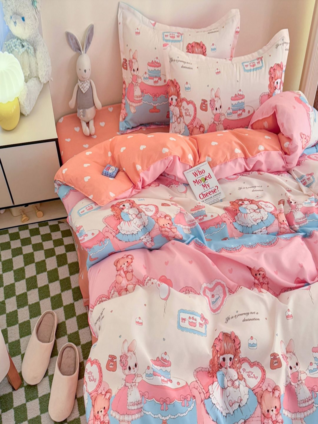 JC HOME Pink & Blue Cartoon Characters Printed Double Extra Large Regular Bedding Set