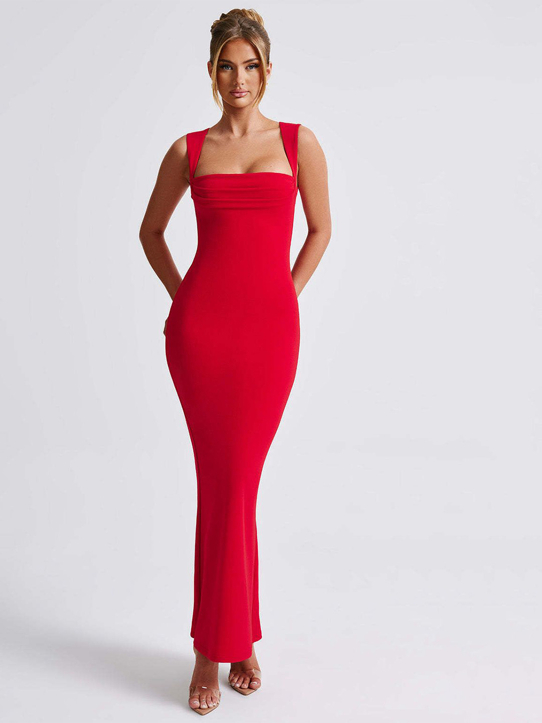 Bebe Red Square Neck Sleeveless Bodycon Maxi Dress