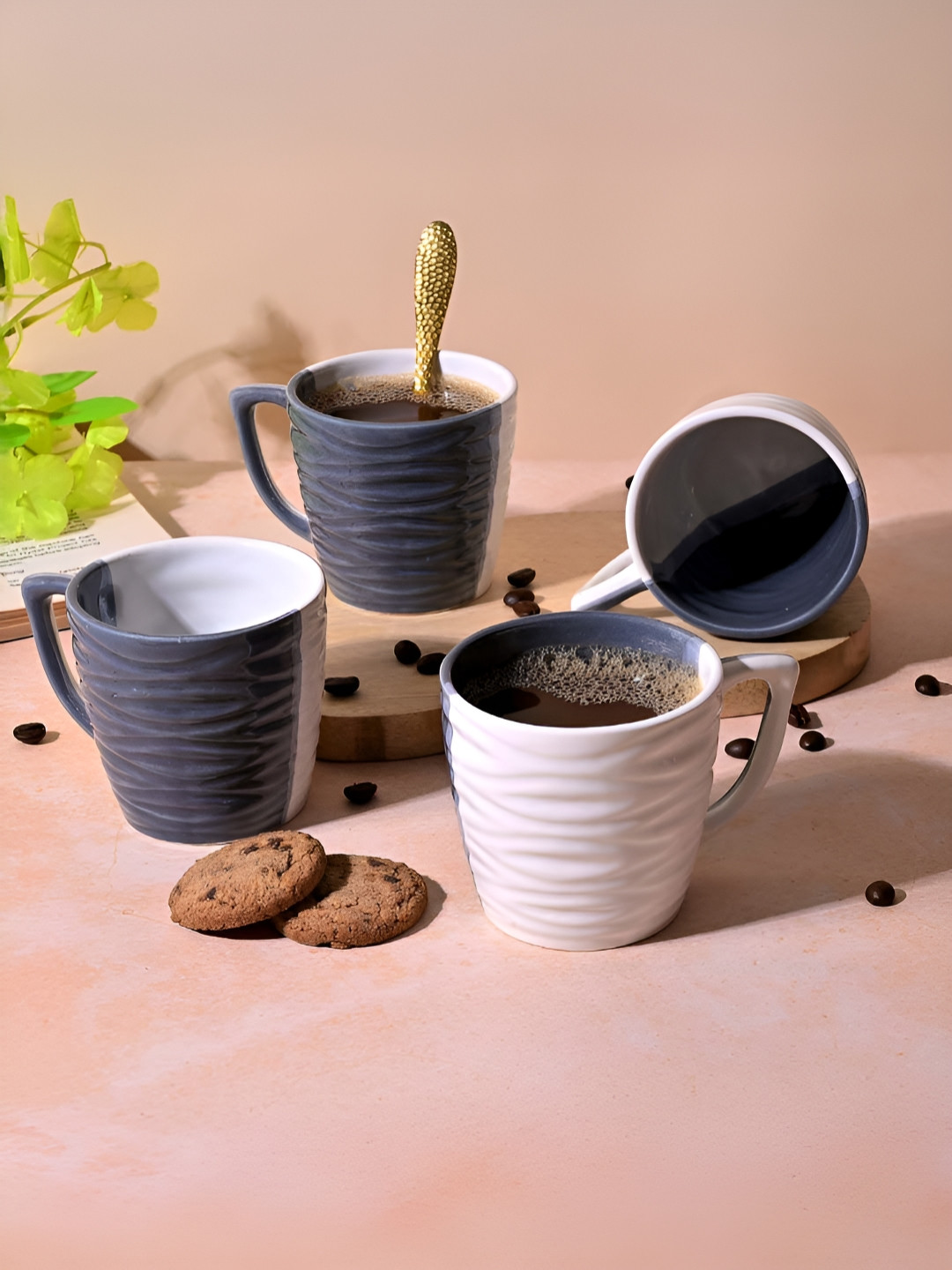 Storepedia Barbie Grey Textured Ceramic Handmade 4 Piece Mugs-150ml