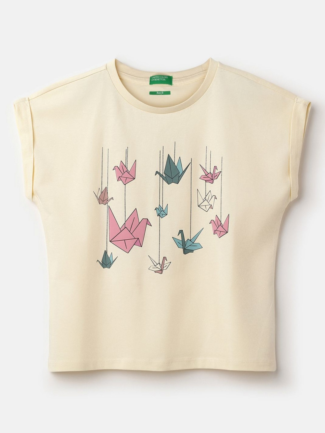 United Colors of Benetton Girls Printed Extended Sleeves Pure Cotton Boxy T-shirt