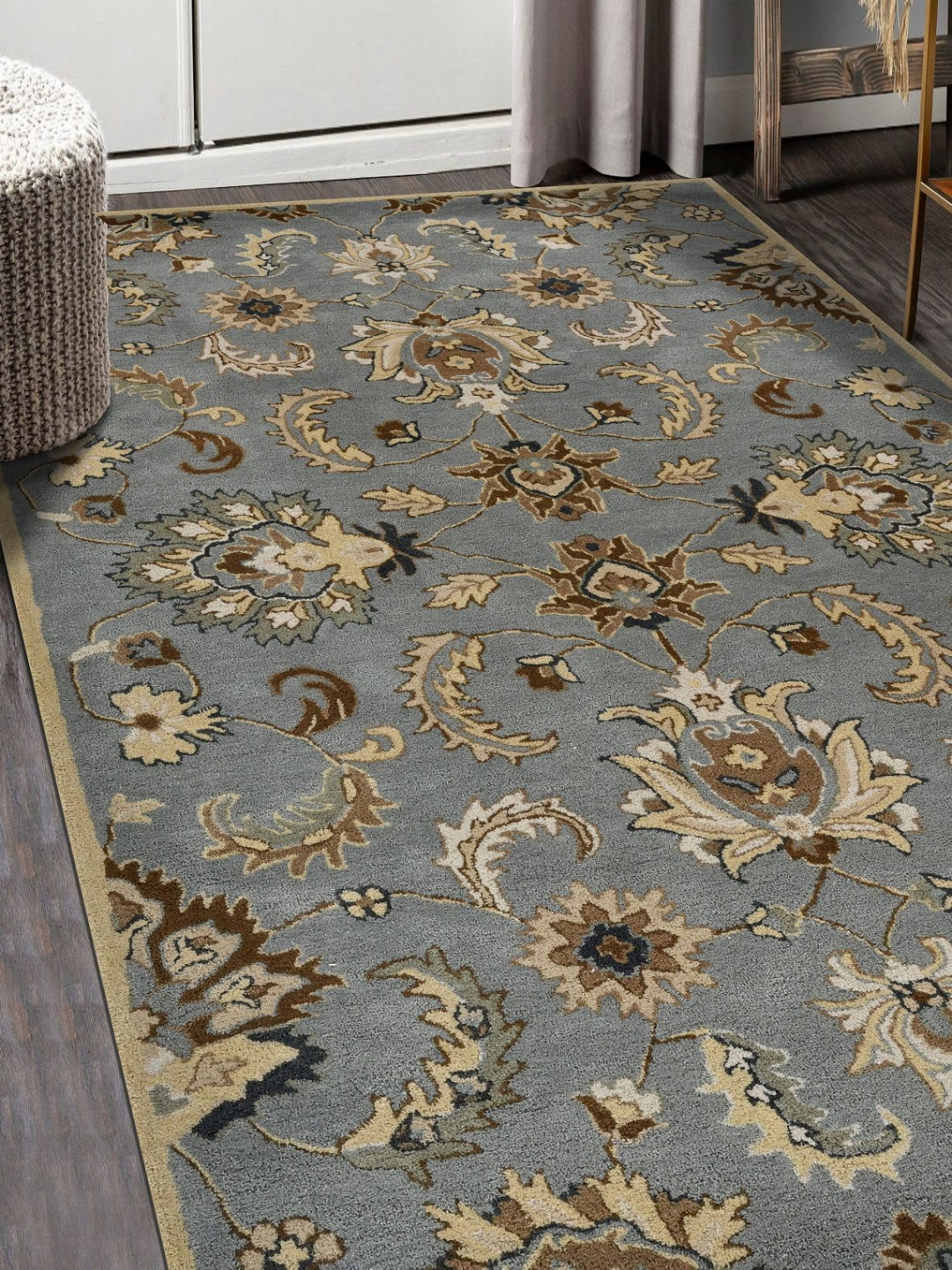 saraswatii global Castel Silver Toned & Brown Floral Printed Tufted Woollen Carpet