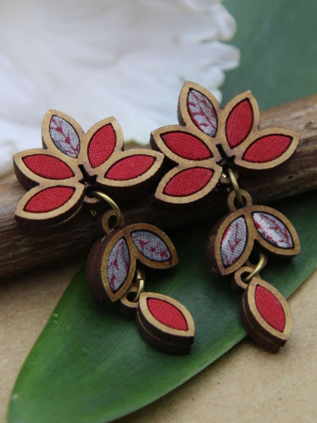 WHE Wooden Leaf Shaped Drop Earrings