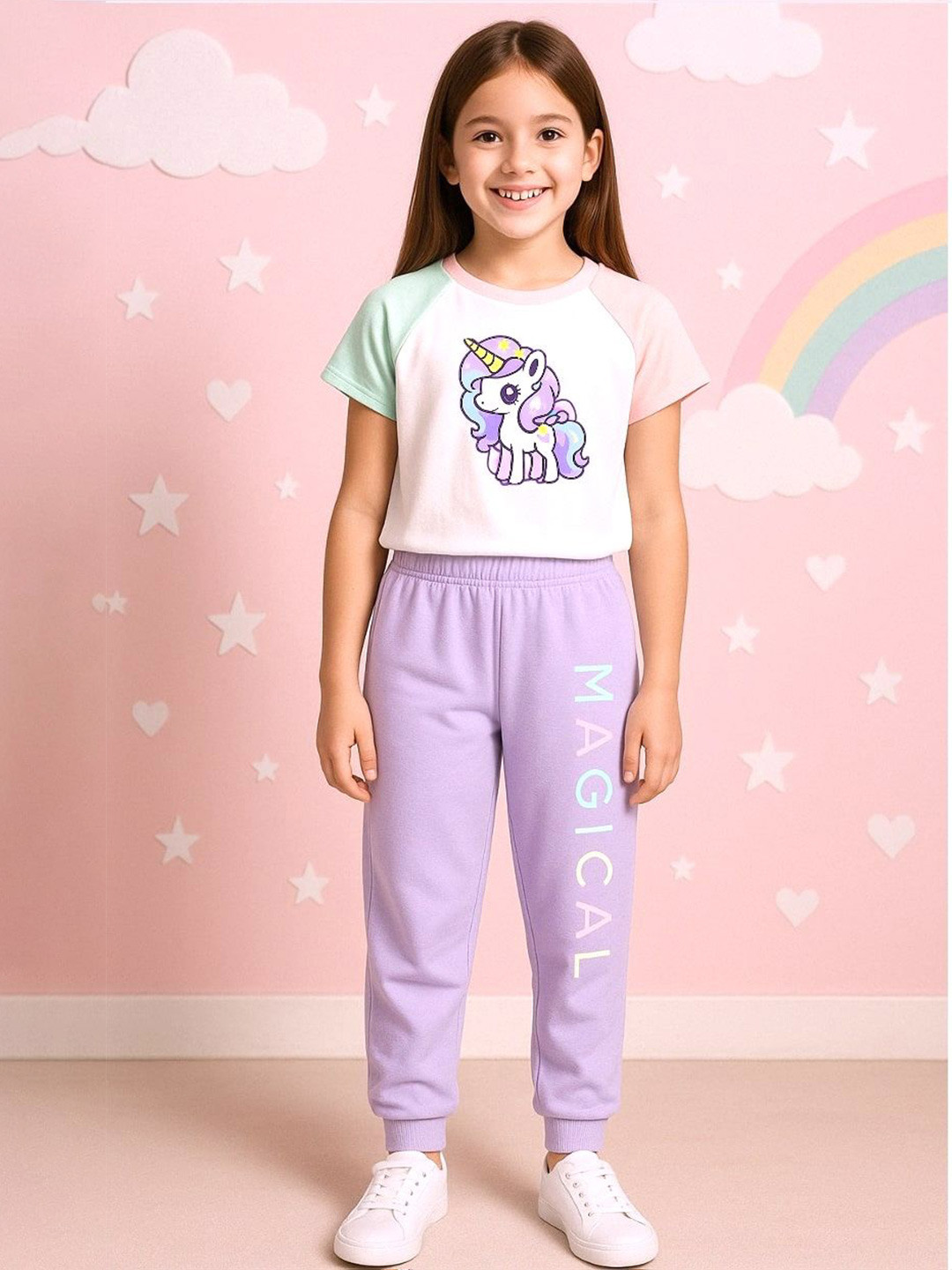 bubble berry Girls Printed Short Sleeves Pure Cotton T-shirt With Joggers