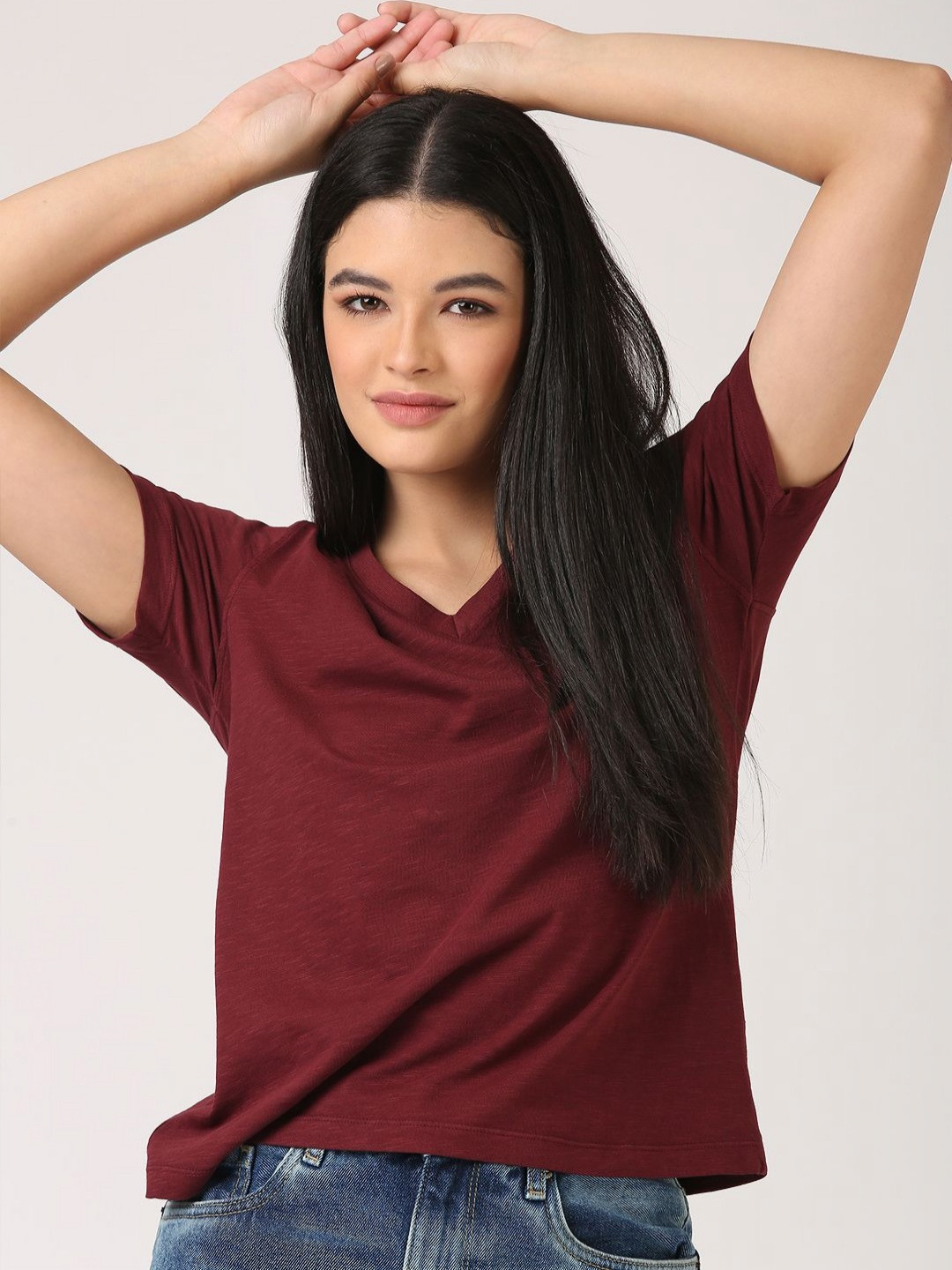 Jolene.club Wine V-neck Drop-Shoulder Sleeves Cotton Regular T-shirt