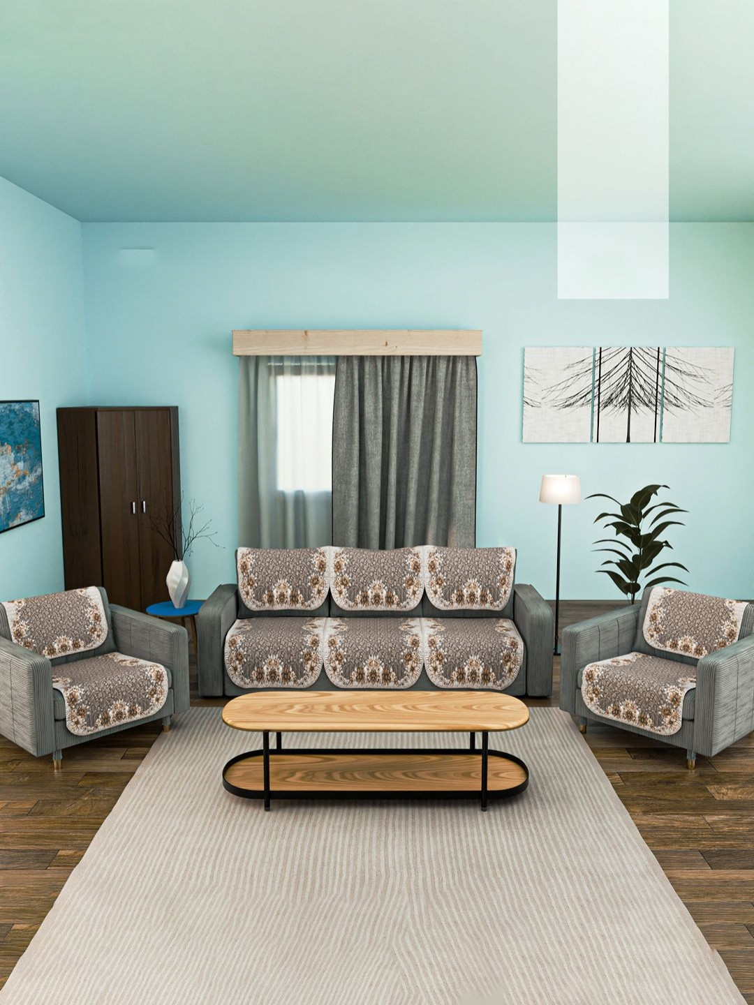 Aura Ultra Sonic FlowerBorder- Golden Set of 10 Printed 5 Seater Sofa Cover