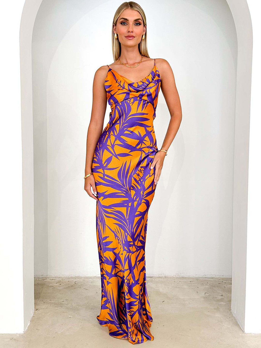 bebe Orange Tropical Print Cowl Neck Slip Maxi Dress