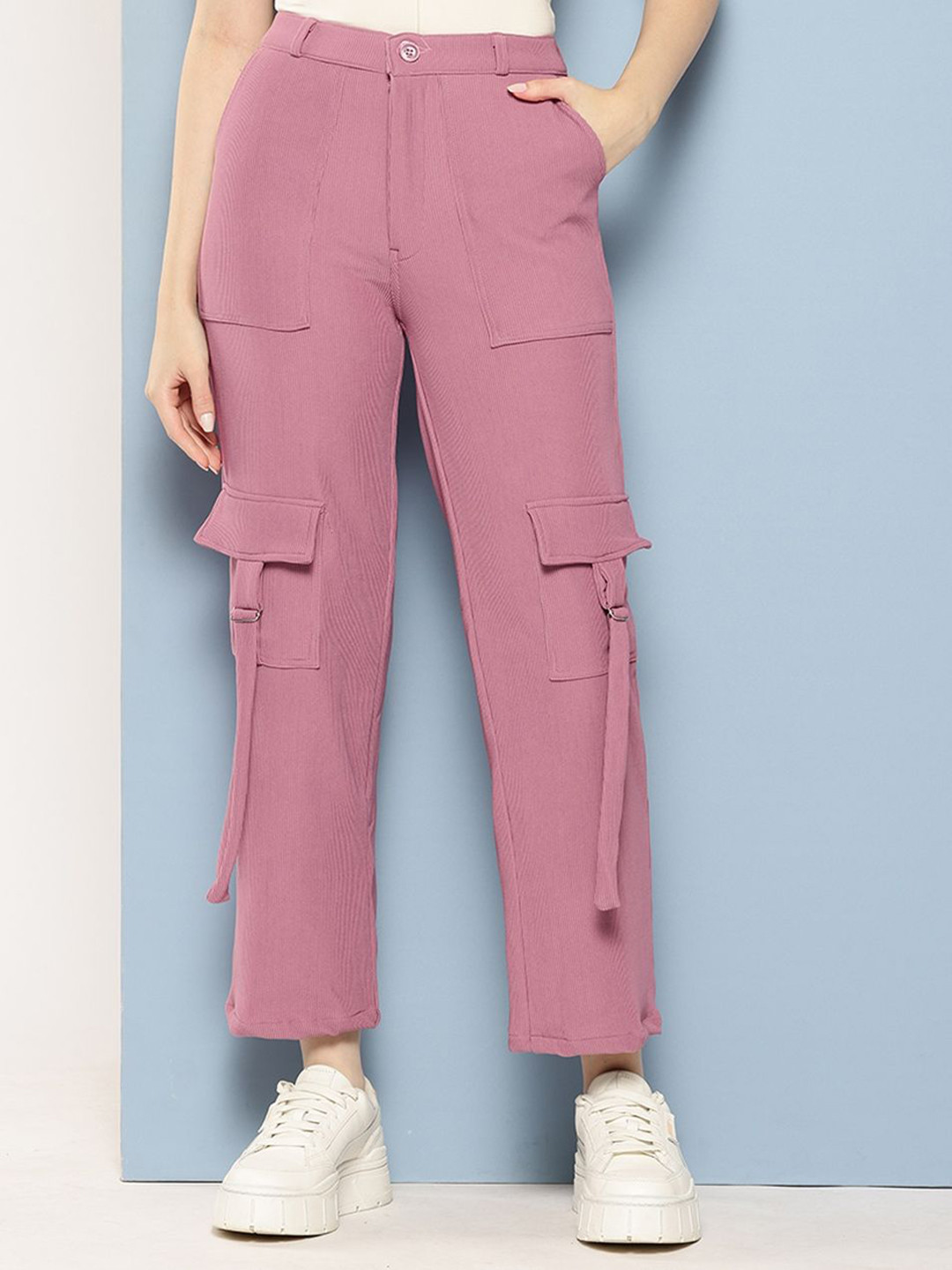 Aarika Girls Solid Smart Cropped Relaxed Fit Mid-Rise Flat-Front Cotton Cargos Trousers