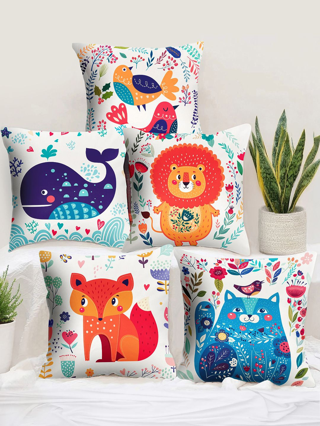 Story@home Quick-Dry Animal Polyester Silk Anti-Wrinkle 5 Pcs Cushion Covers -16x16In
