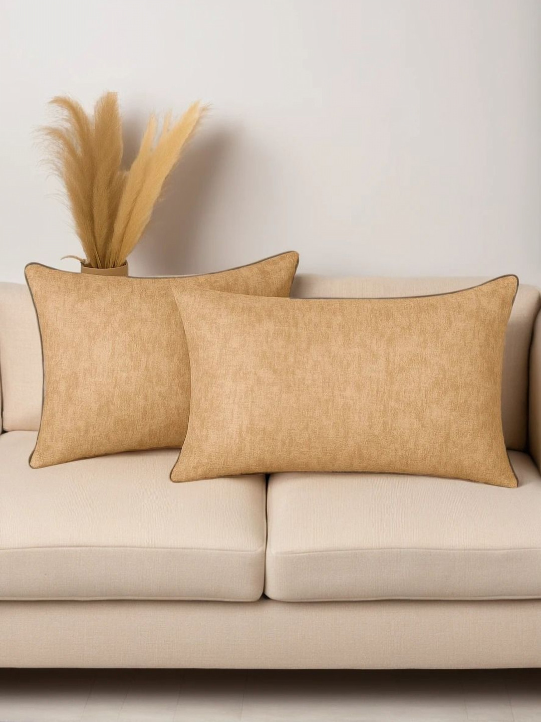 STITCHNEST Set of 2 Beige & Brown Solid 12'' x 18'' Rectangle Cushion Cover