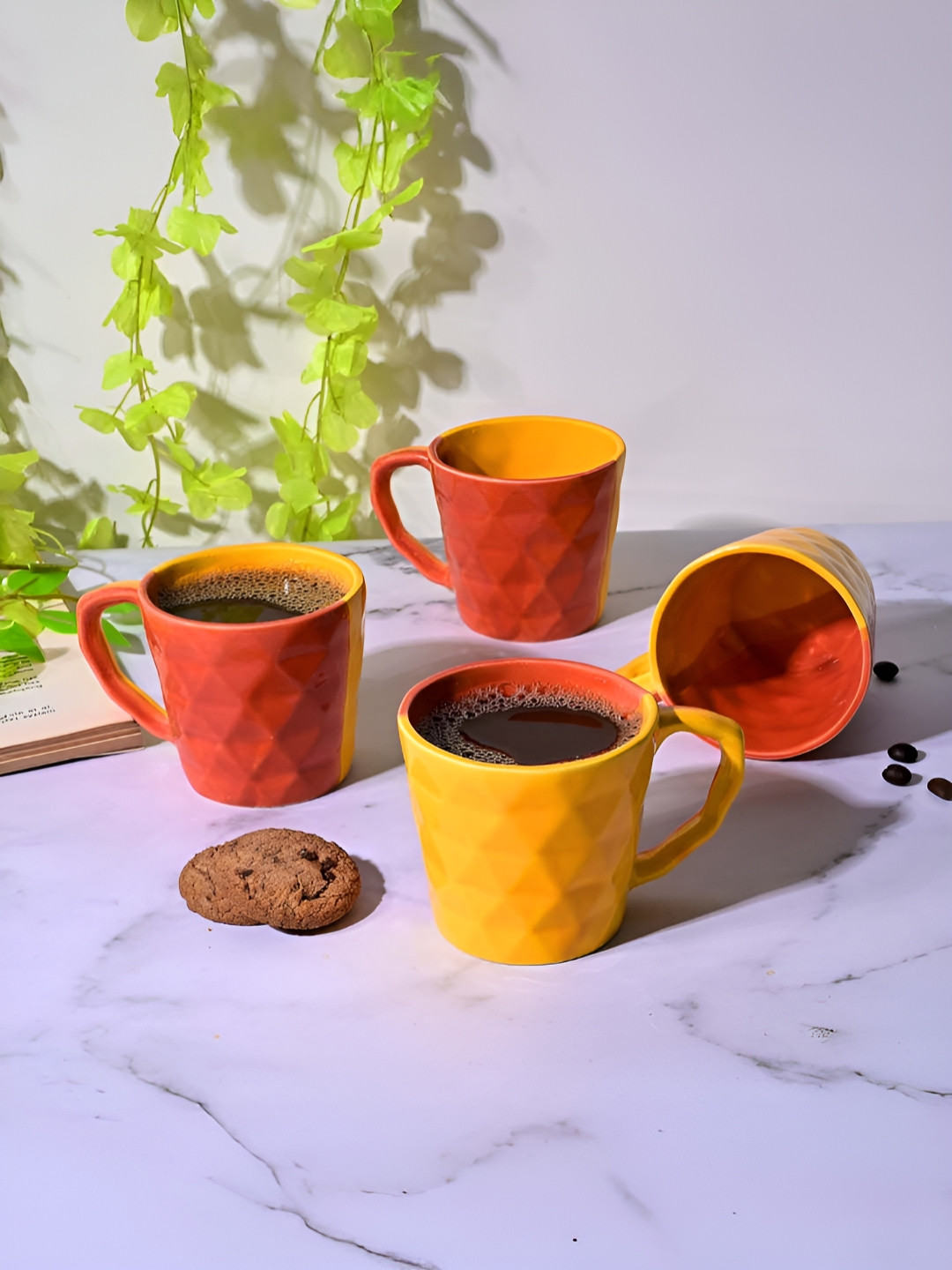 Storepedia Gift Hamper Evil Eye Yellow Colourblocked Ceramic Microwave Safe 4 Piece Mugs-150ml