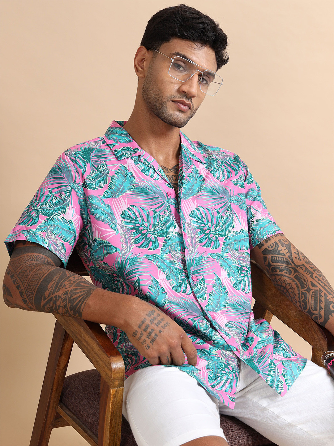 StitchX Men Half Sleeve Tropical Printed Cuban Collar Beach Shirt