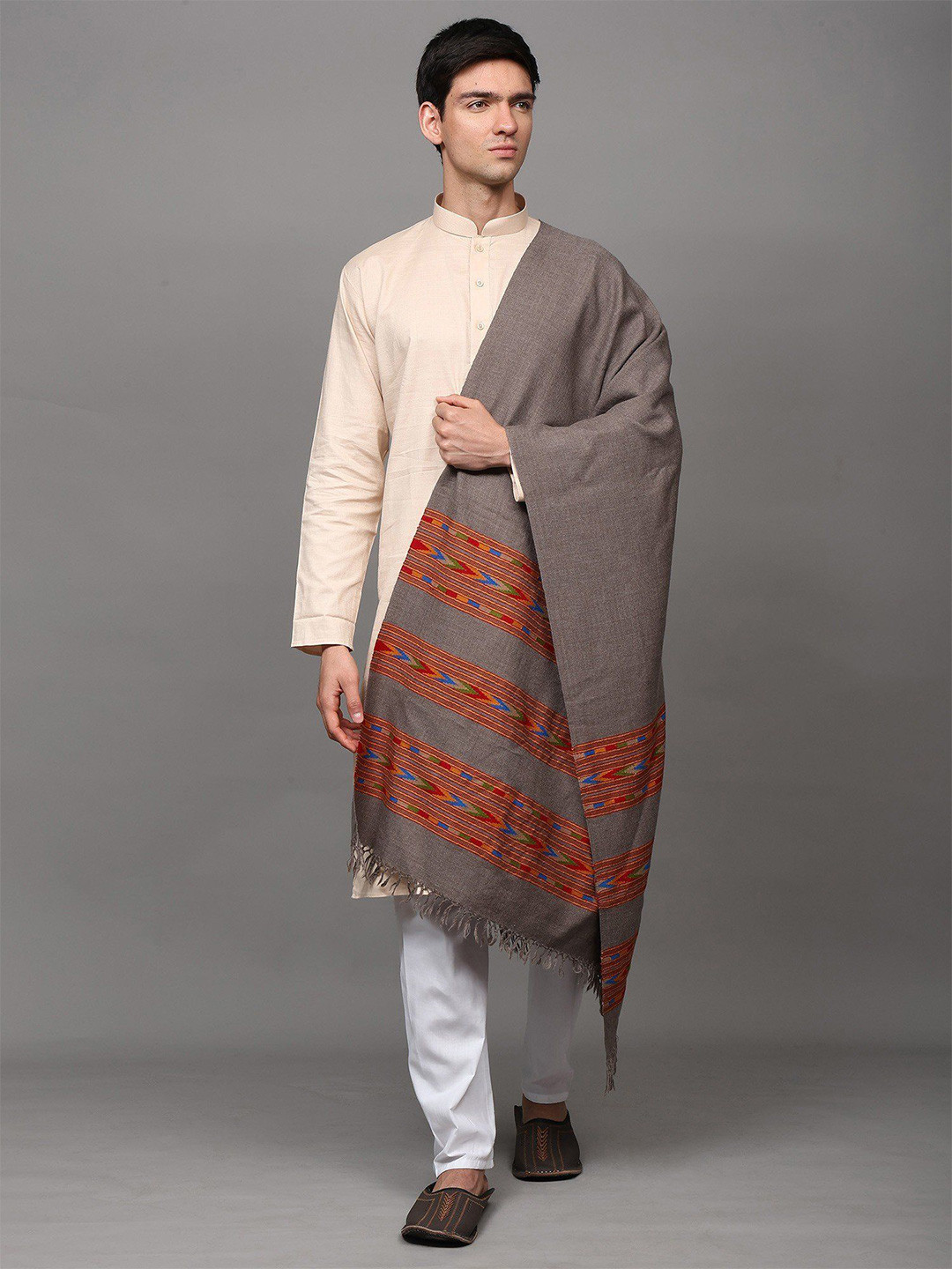 Exotic India Fallen-Rock Wool Kullu With Woven Triple Kinnauri Border Shawl