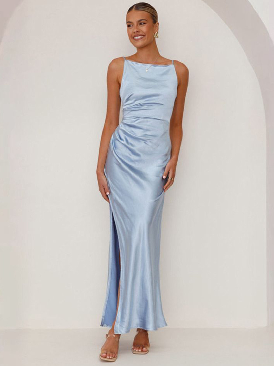bebe Blue Boat Neck Ruched Side Slit Maxi Dress