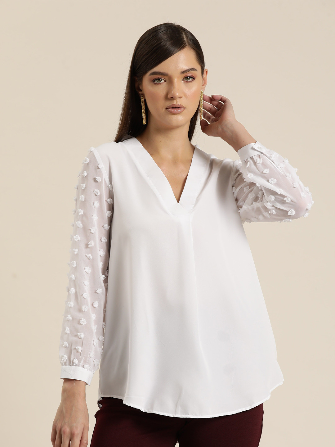 Qurvii Women V-Neck Long Cuff Sleeves Pleated Top