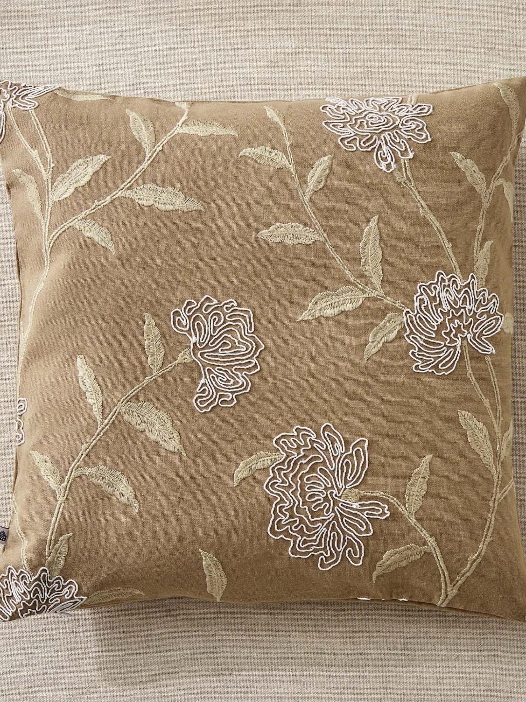Home Centre Whales Beige & Grey Floral Embroidered Cotton Square Cushion Cover