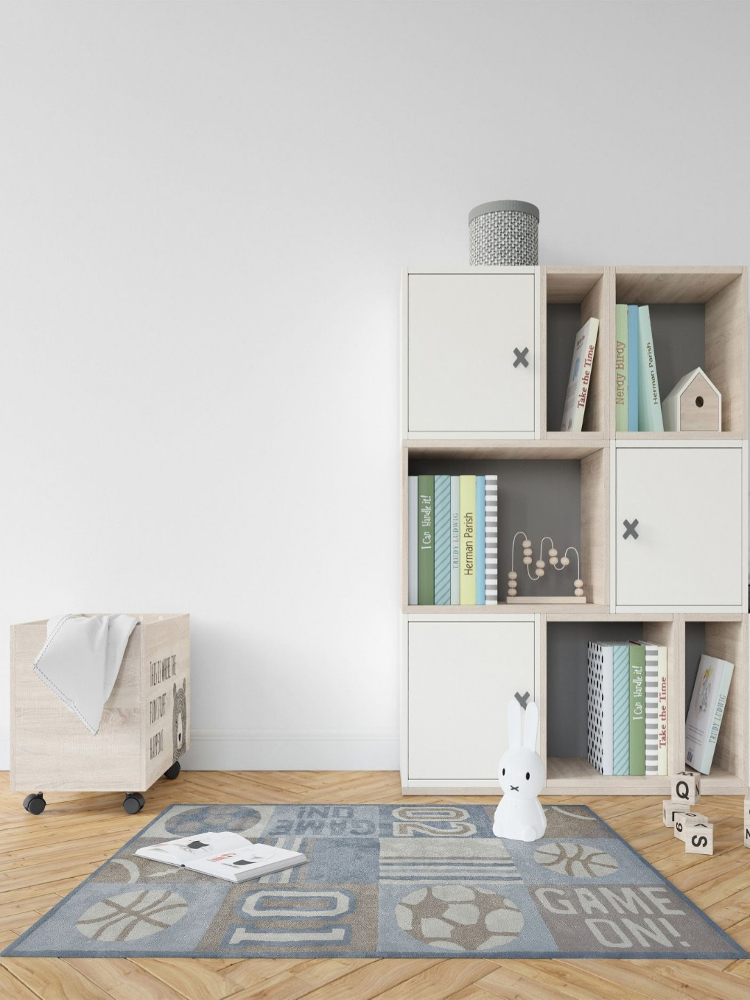 saraswatii global Little Blue & Brown Geometric Printed Tufted Woollen Carpet