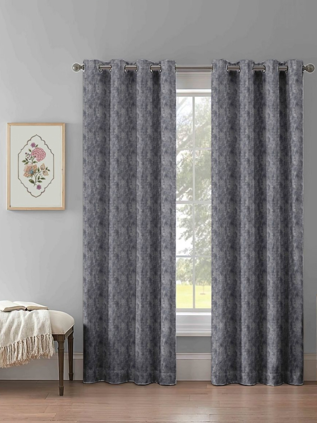 Myntra Elegant Homes Charcoal & Grey Set of 2 Room Darkening Door Curtain