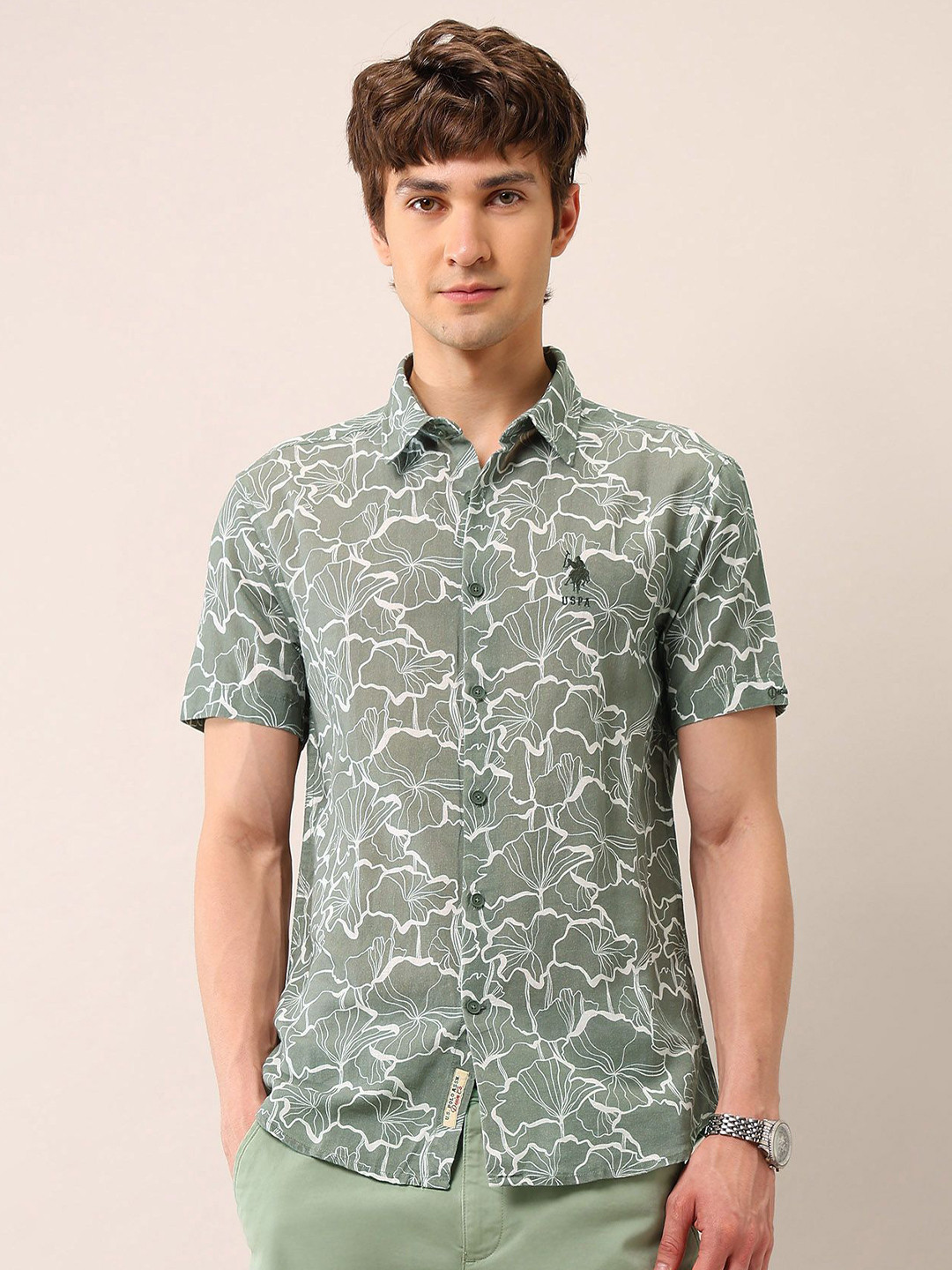 U.S. Polo Assn. Denim Co. Men Classic Floral Printed Cotton Linen Regular Fit Casual Shirt