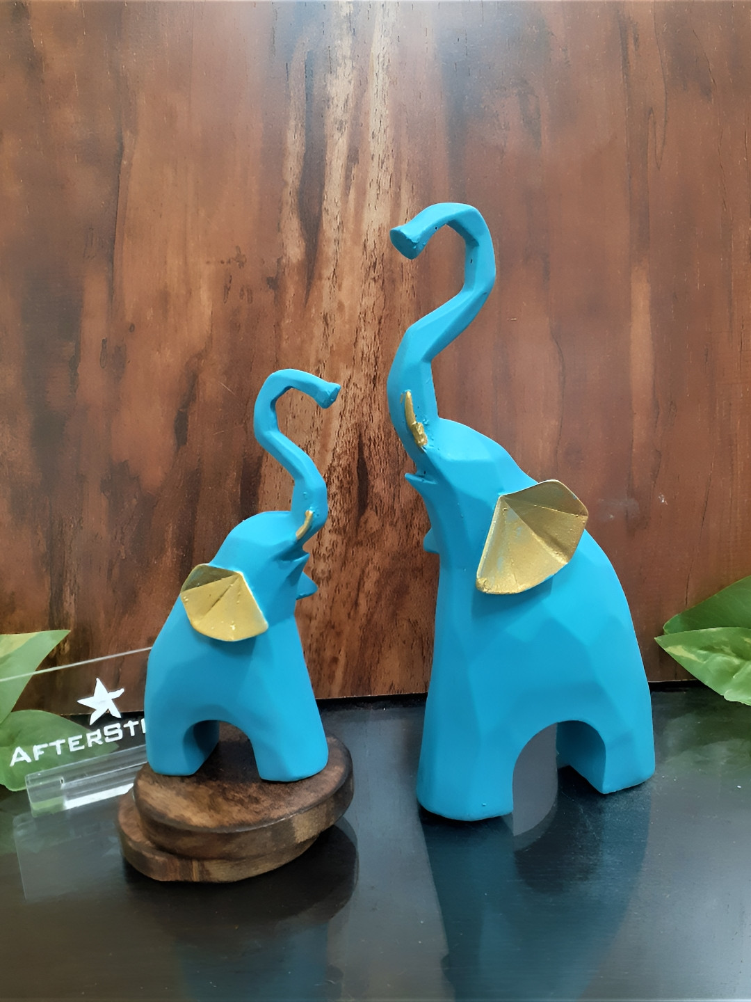Afterstitch 3D Elephant Blue Polyresin Glossy Home Office Set of 2 Small Showpieces -