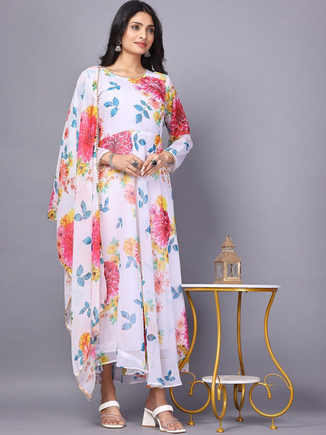 Raiyani Enterprise Floral Printed Fit & Flared Maxi Ethnic Dress With Dupatta