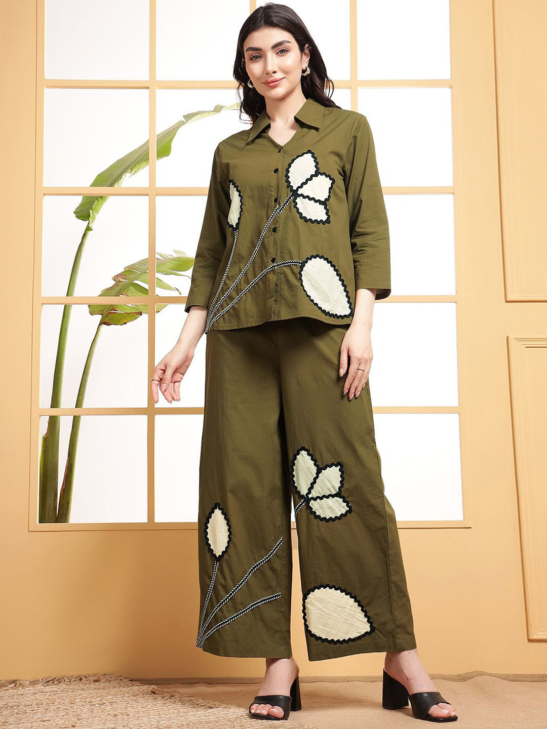 DEEBACO Shirt Collar Embroidered Patch Work Shirt With Palazzo Co-Ords