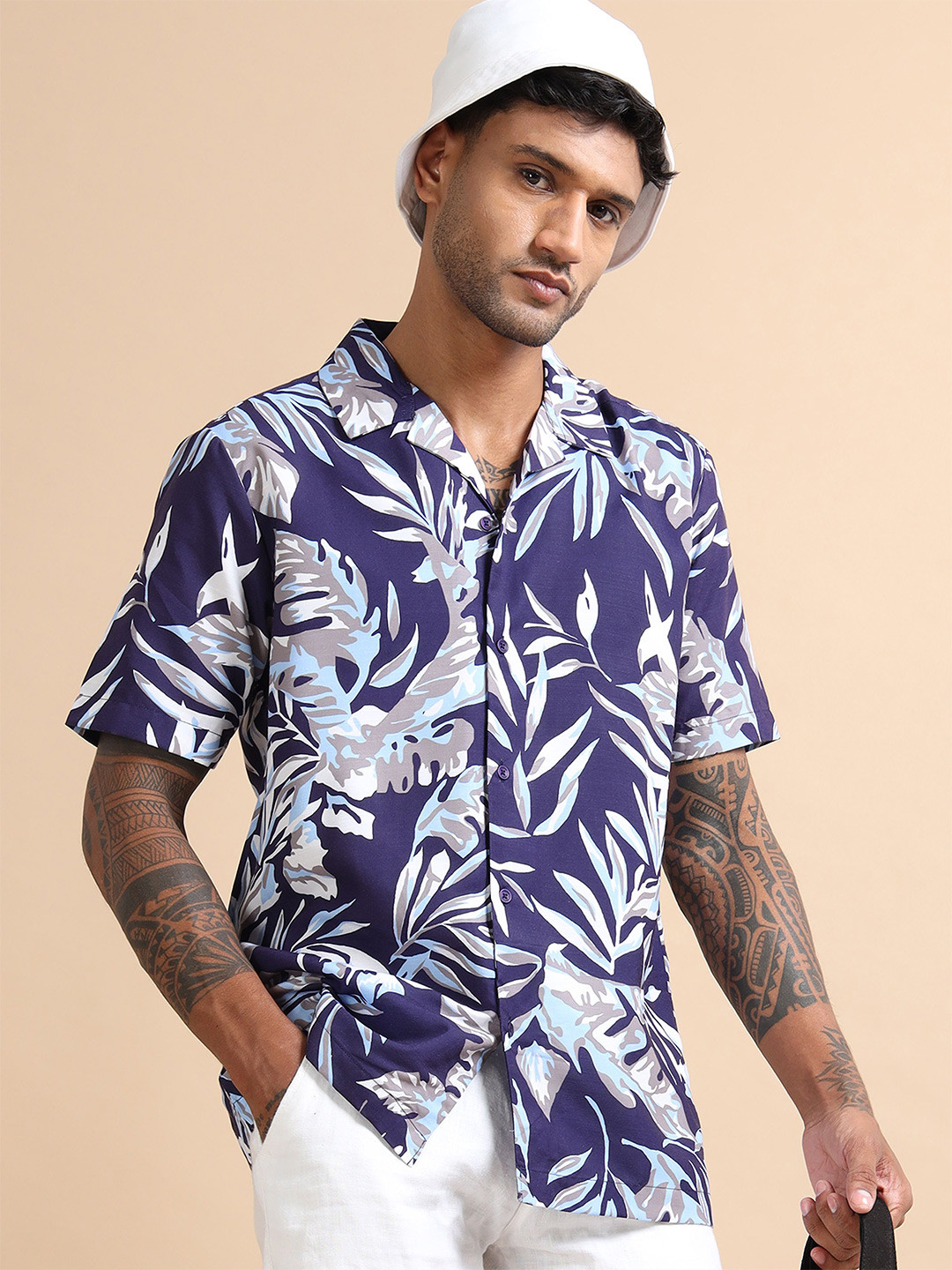 StitchX Men Short Sleeves Printed Beach Cuban Collar Shirt