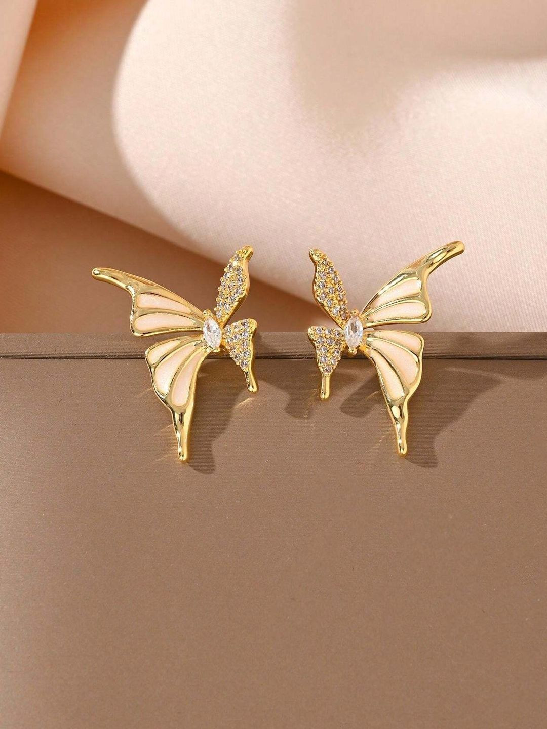 BEYTER Sterling Silver Korean Rhinestone Studded Butterfly Shaped Studs