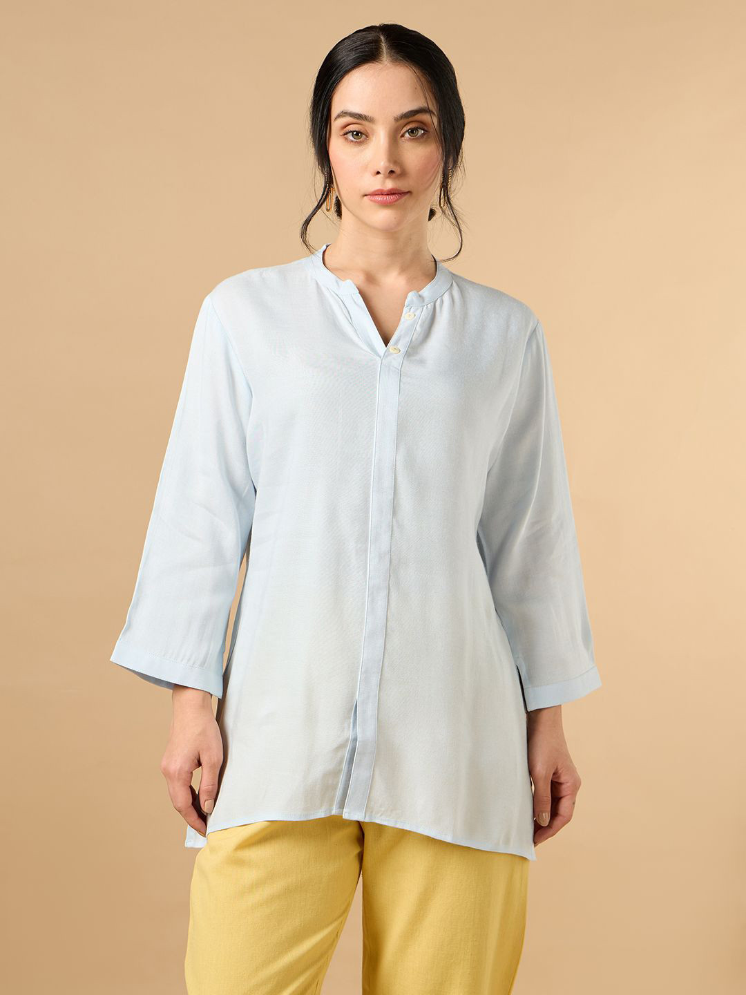 COTTONS DAILY Women Blue Solid Mandarin Collar Cotton Linen Kurta