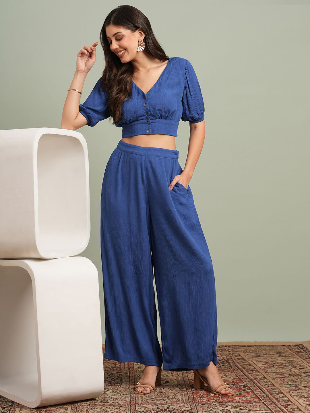 Globus V-Neck Self Design Button Detail Crop Top with Wide Leg Trousers Co-Ord Set