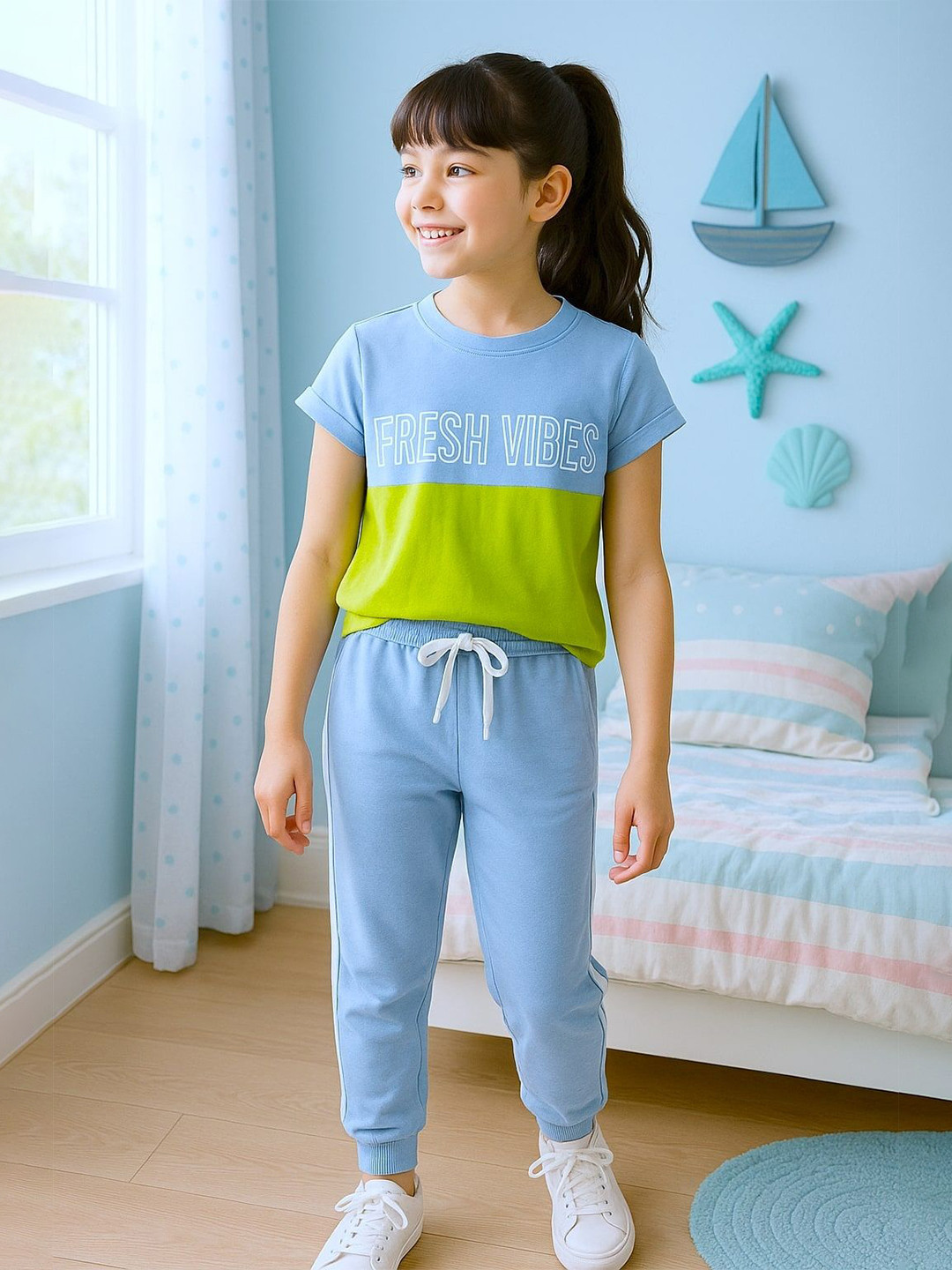 bubble berry Girls Colourblocked Short Sleeves Pure Cotton T-shirt