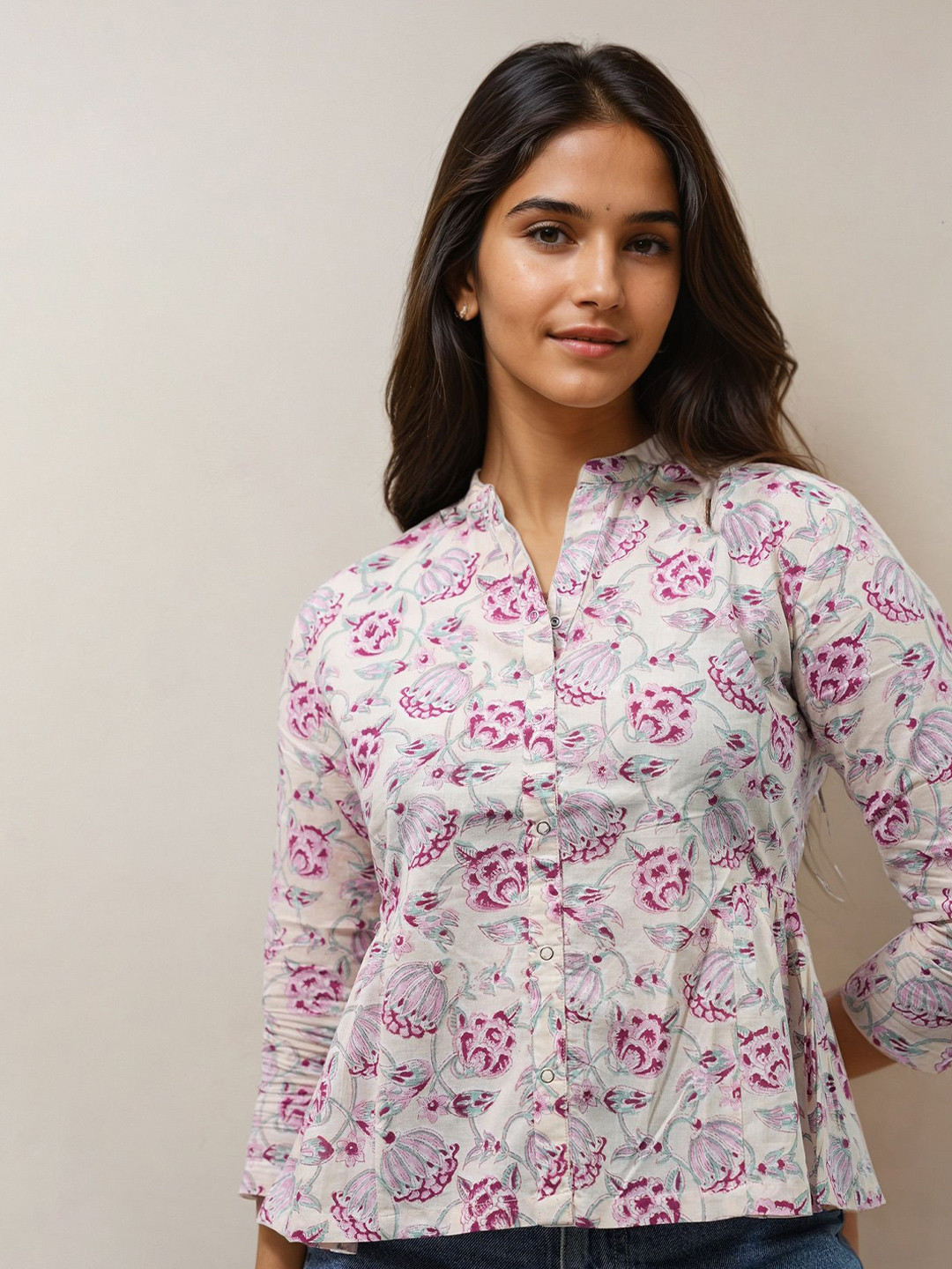 SPARROW Printed Mandarin Collar Off-White Top