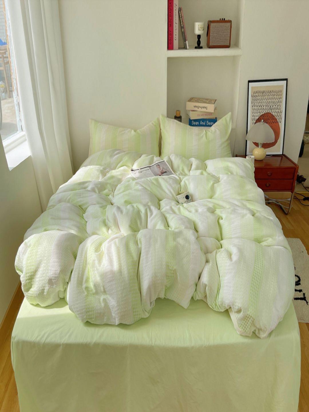 JC HOME Green Striped Polycotton 3 Piece Double King Regular Bedding Set