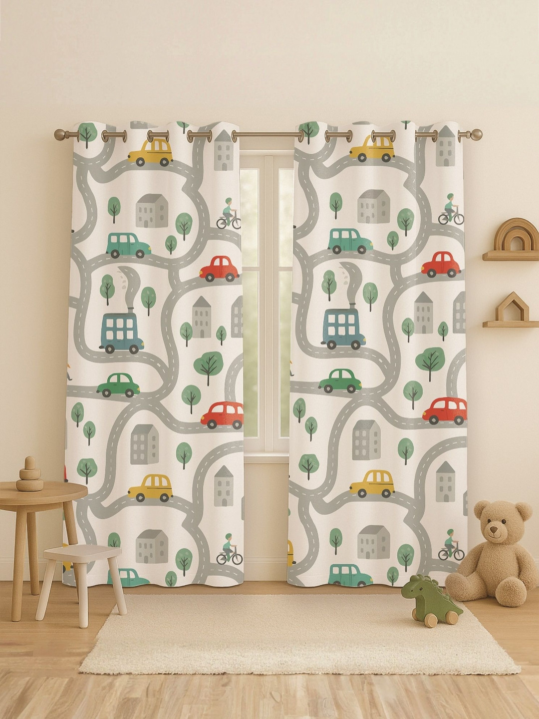 STITCHNEST Set of 2 White & Grey Cartoon Print 5 feet Curtain
